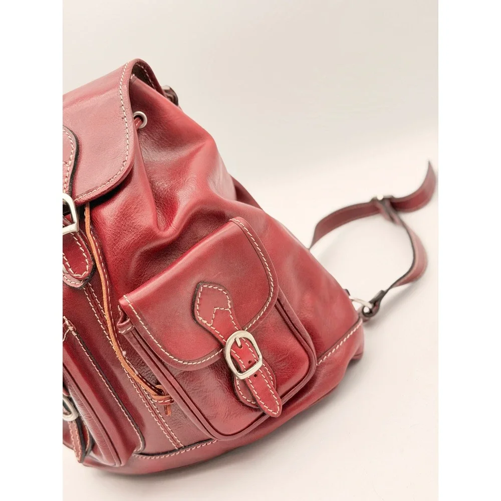 Vintage Red Leather Rucksack Backpack Contrast Stitch Buckle Drawstring Medium